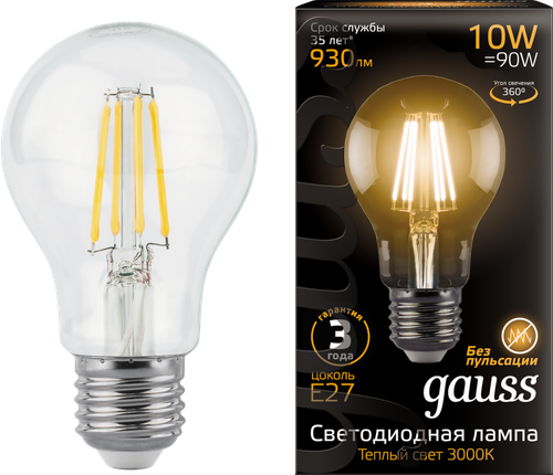Лампа светодиодная GAUSS Filam E27 10Вт теплый, груша, фото