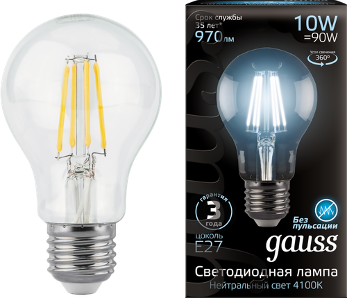 Лампа светодиодная GAUSS Filam E27 10Вт холодный, груша, фото