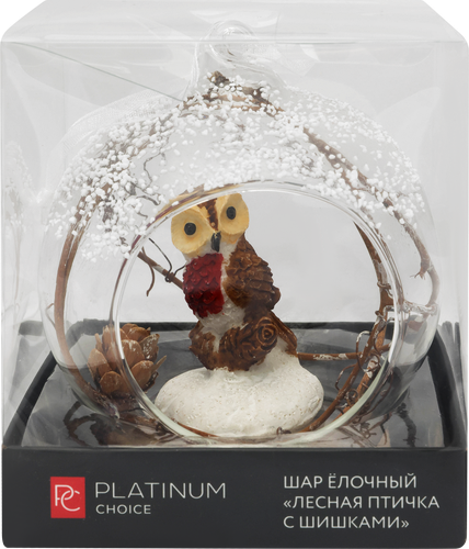 Шар елочный Platinum Choice лес, Лесная птичка с шишками, прозрачный, 8см, вид