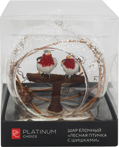 Шар елочный Platinum Choice лес, Лесная птичка с шишками, прозрачный, 8см, детальное фото