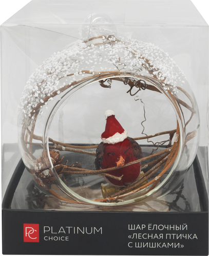 Шар елочный Platinum Choice лес, Лесная птичка с шишками, прозрачный, 8см, детальное фото