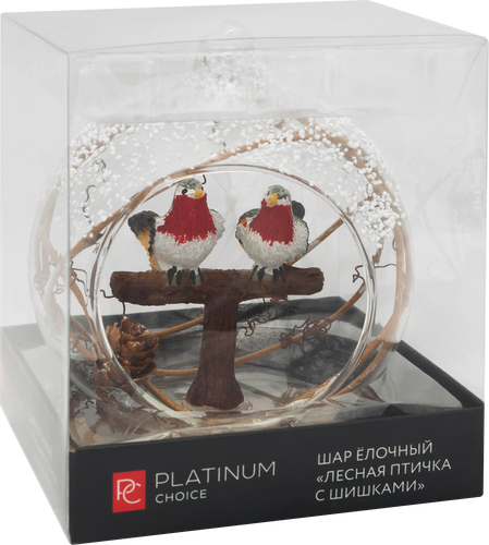 Шар елочный Platinum Choice лес, Лесная птичка с шишками, прозрачный, 8см, изображение