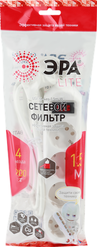 Сетевой фильтр ЭРА Lite 4 розетки с заземлением с выключателем, 1,5м, фотография