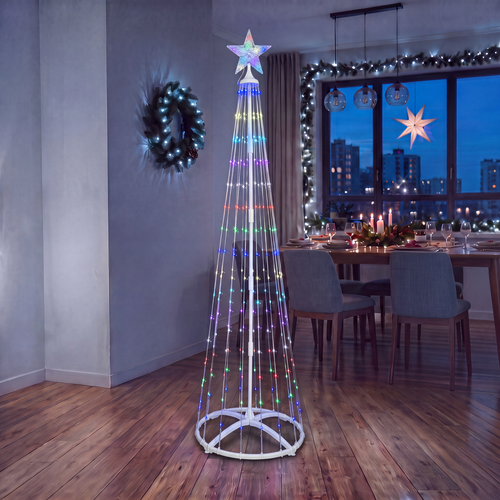 Умная коническая елка, крупными каплями и звездой, RGB, 300 LED, 210х70см, мягкий прозрачный провод, фотография