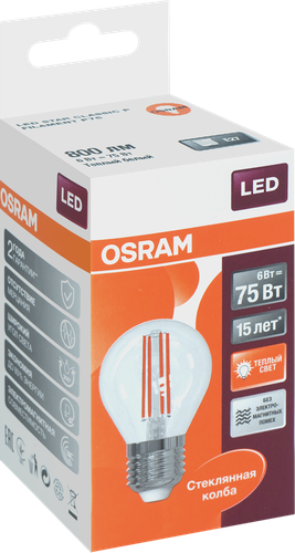 Лампа светодиодная OSRAM LED Star, 6Вт, E14, 2700К, теплый белый свет, шар, детальное фото