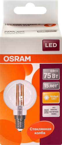 Лампа светодиодная OSRAM LED Star, 6Вт, E14, 2700К, теплый белый свет, шар, картинка
