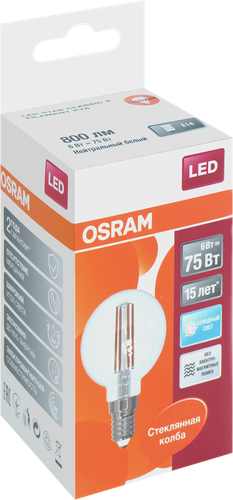 Лампа светодиодная OSRAM LED Star, 6Вт, E14, 4000К, нейтральный белый свет, шар, фотография