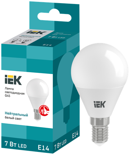 Лампа IEK LED G45, 7Вт, 230В, 4000К, E14, шар, вид