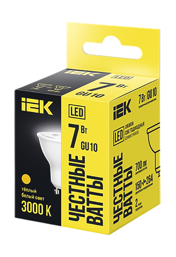 Лампа IEK LED PAR16, софит, 7Вт, 230В, 3000К, GU10, крупный план