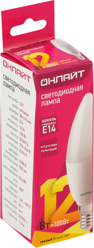 Лампа светодиодная ОНЛАЙТ LED 12Вт, 2700К, Е14, свеча Арт. 90054, крупный план