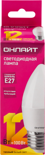 Лампа светодиодная ОНЛАЙТ LED 12Вт, 2700К, Е27, свеча Арт. 90057, изображение