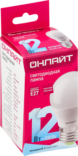 Лампа светодиодная ОНЛАЙТ LED 12Вт, 4000К, Е27, шар Арт. 90064, фото