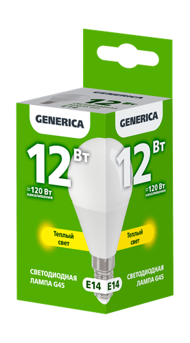 Лампа светодиодная GENERICA G45 шар 12Вт 230В 3000К E14, Арт. LL-G45-12-230-30-E14-G, детальное фото