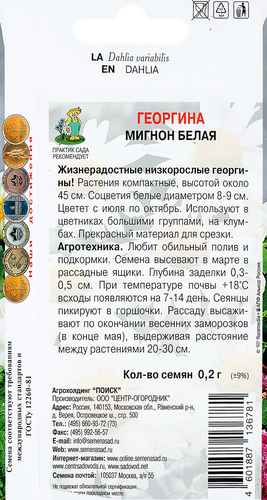 Семена ПОИСК Георгина Мигнон, белая, 0,2г, вид