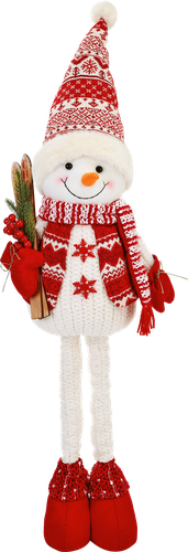 Фигура новогодняя HomeClub классика, Снеговик с лыжами/букетами, с телескопическими ногами, 89/102см, красная, крупный план