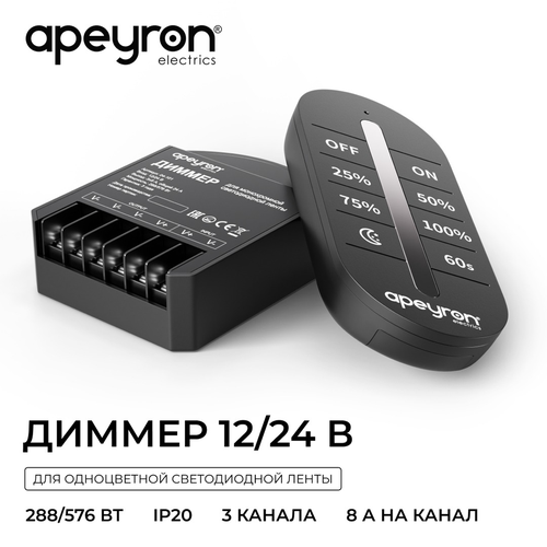 Диммер APEYRON 12В/24В, 288Вт/576Вт, 3 канала, 24А, IP20, ПДУ RF сенсорный, картинка