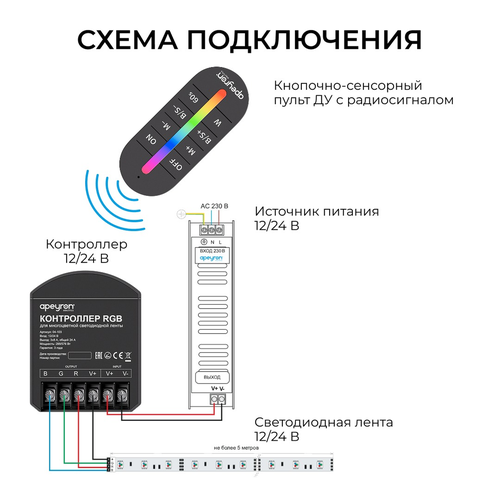 Контроллер APEYRON RGB 12В/24В, 288вт/576Вт, 3 канала, 24А, IP20, ПДУ RF сенсор, картинка