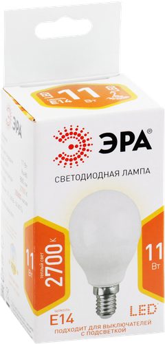 Лампа светодиодная ЭРА Std LED P45-11W-827-E14 11Вт шар, теплый белый свет, Арт. Б0032986, фотография