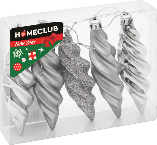 Набор елочных украшений Homeclub лес, сияние, сосульки, жемчужный/серебряный, 11см, 5шт, вид