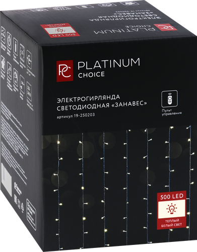 Электрогирлянда PLATINUM CHOICE Занавес, 500LED, 3x3м, теплый белый, 8 режимов, соединяемая, с пультом, IP44, картинка