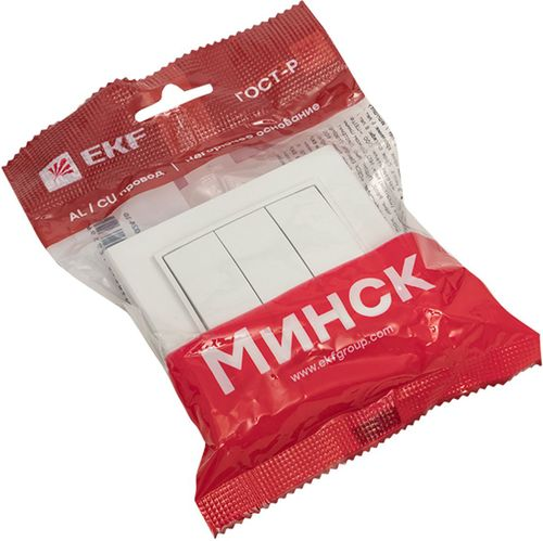 Минск Выключатель 3-клавишный СП,10А, белый EKF Basic, изображение