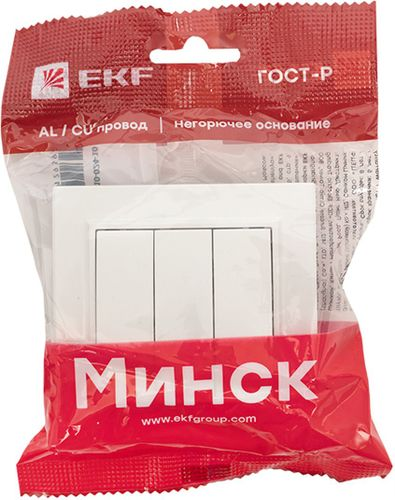 Минск Выключатель 3-клавишный СП,10А, белый EKF Basic, фото