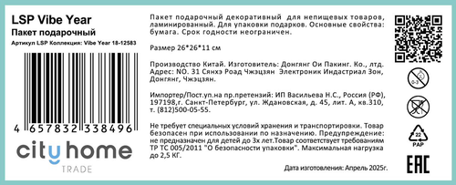 Пакет подарочный CITY HOME TRADE Vibe Year 26х26х11см, фотография