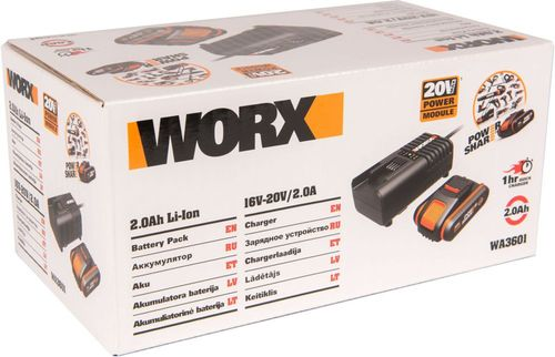 Батарея и зарядное устройство WORX 20В 2Ач, wa3601, крупный план