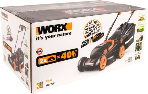 Газонокосилка аккумуляторная WORX 40В 2,5Ач 34см, 2 акб+з/у, wg779e, детальное фото