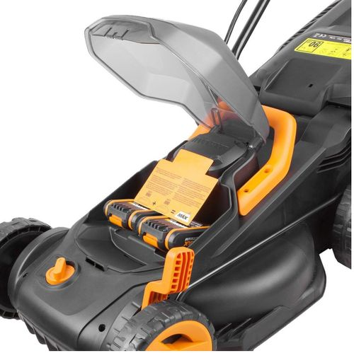 Газонокосилка аккумуляторная WORX 40В 2,5Ач 34см, 2 акб+з/у, wg779e, крупный план