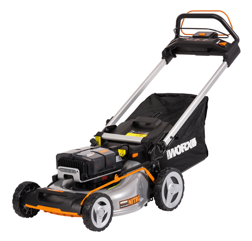 Газонокосилка аккумуляторная WORX самоходная 80В 4Ачх4 51см, с акб и з/у, wg761e, крупный план