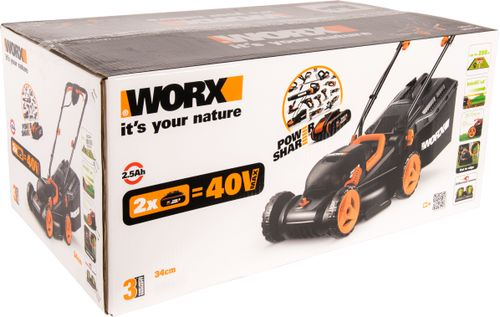 Газонокосилка аккумуляторная WORX 40В 34см 4Ач, 2 акб+з/у, wg779e.1, фото