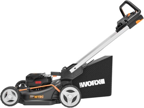 Газонокосилка аккумуляторная WORX 40v 2 акб, wg749e, крупный план
