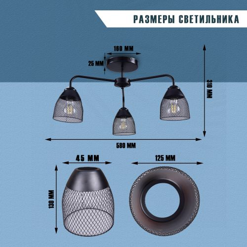 Люстра потолочная РОССВЕТ 3хE27x60W, металл, черный, изображение