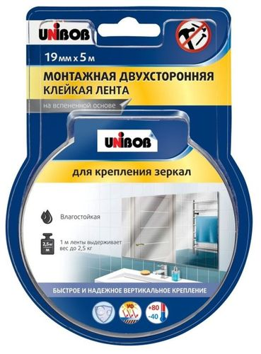 Лента монтажная двухсторонняя для зеркал UNIBOB 19ммх5м, вспененный полиэтилен, вид