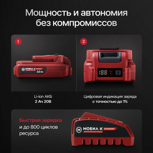 Кусторез аккумуляторный МОБИЛ К Комфорт 20В, с акб и з/у, XHA51, крупный план