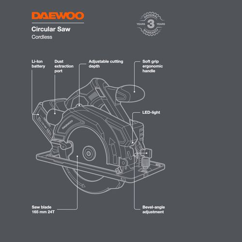 Пила дисковая аккумуляторная DAEWOO DAS 1621Li SET 21В 4 Ач 1 АКБ и ЗУ, крупный план