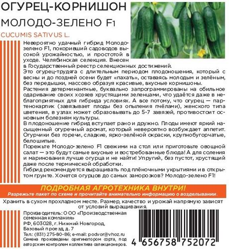 Семена ОГУРЕЦ МОЛОДО- ЕЛЕНО F1 10 ШТ ШТАЙНЕРТ, вид