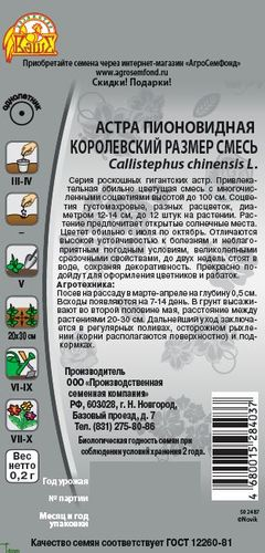 Семена Астра пионовидная Королевский размер смесь, 0.2г, фото