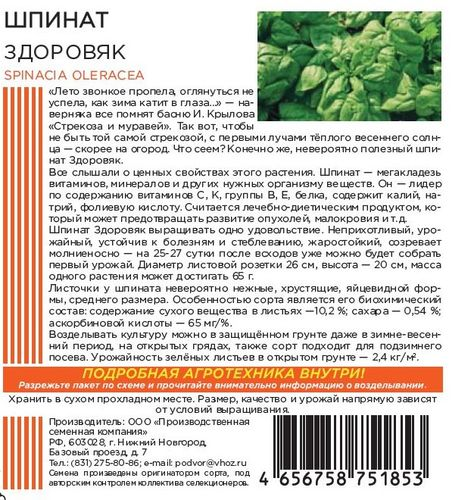 Семена ШПИНАТ ЗДОРОВЯК 2 ГР ШТАЙНЕРТ, крупный план