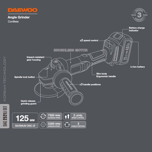 Углошлифовальная машина аккумуляторная DAEWOO DAG 2521Li SET 21В 4 Ач 1 АКБ и ЗУ, картинка