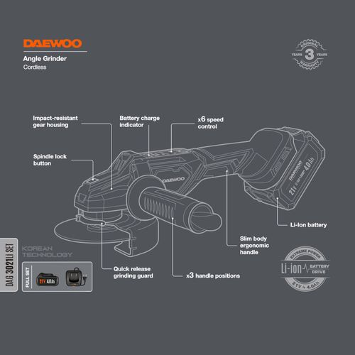Углошлифовальная машина аккумуляторная DAEWOO DAG 3021Li SET 21В 4 Ач 1 АКБ и ЗУ, вид