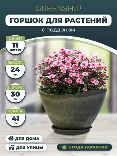 Горшок для цветов "Лодочка" 11 литртов с поддоном, изготовлен из композитного пластика, цвет темно-серый, крупный план