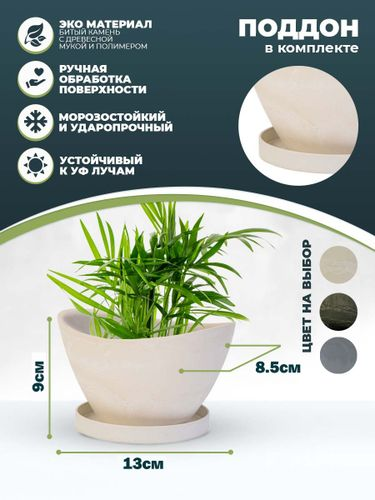 Горшок для цветов "Лодочка" 0,4л с поддоном, изготовлен из композитного пластика, цвет белый камень, вид