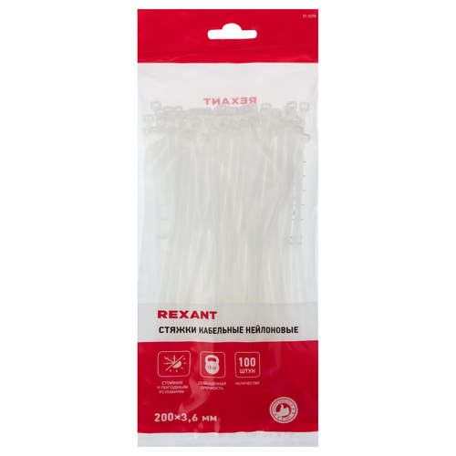 Стяжка кабельная REXANT 200x3,6мм, белая нейлоновая, Арт. 07-0200, 100шт, картинка