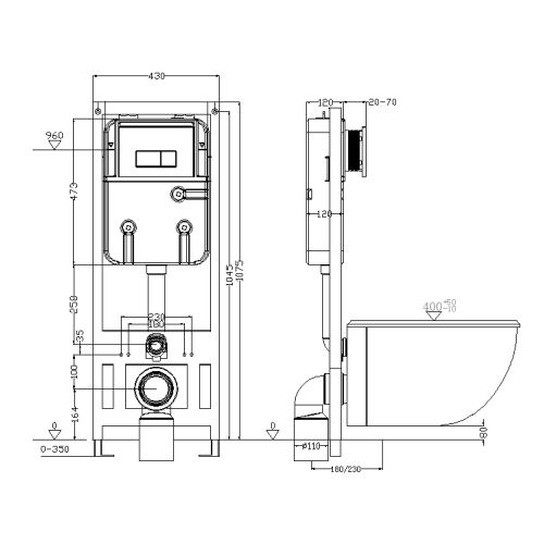 Инсталляция TATSUMAKI COMPACT для подвесных унитазов, 43 см, TOKITO, крупный план