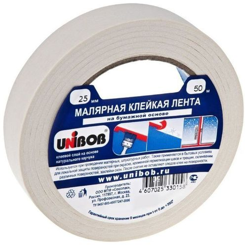 Малярная лента UNIBOB 25 мм х 50 м белая, крупный план