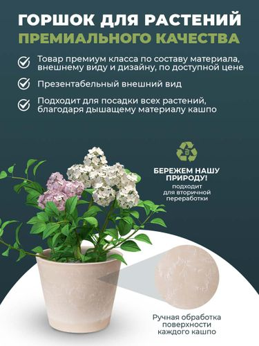 Кашпо для цветов 12 литров с дренажным вкладышем, изготовлено из композитного пластика, цвет бежевый, вид