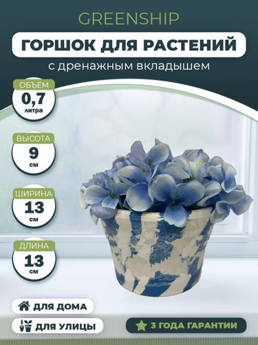 Кашпо для цветов 0,7 литра с дренажным вкладышем, изготовлено из композитного пластика, цвет белый c голубым рисунком, фотография