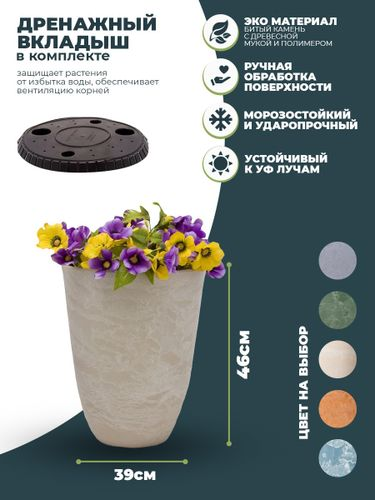 Кашпо для цветов 36 литров с дренажным вкладышем, изготовлено из композитного пластика, цвет бежевый, изображение